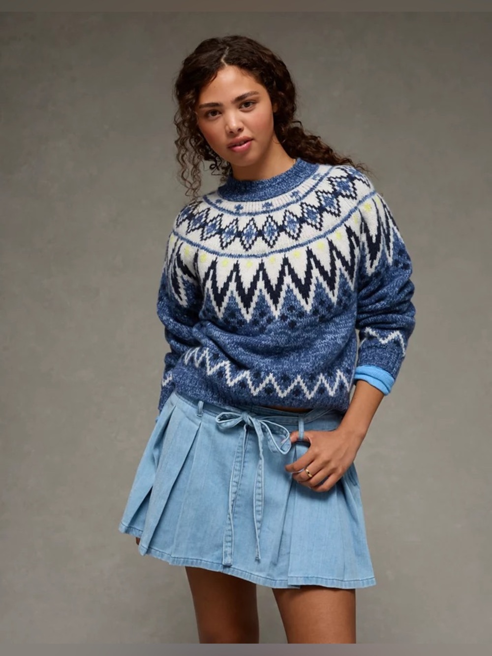 American Eagle Snow Stopper Sweater Blue Fair Isle apres ski aspen cozy mockneck